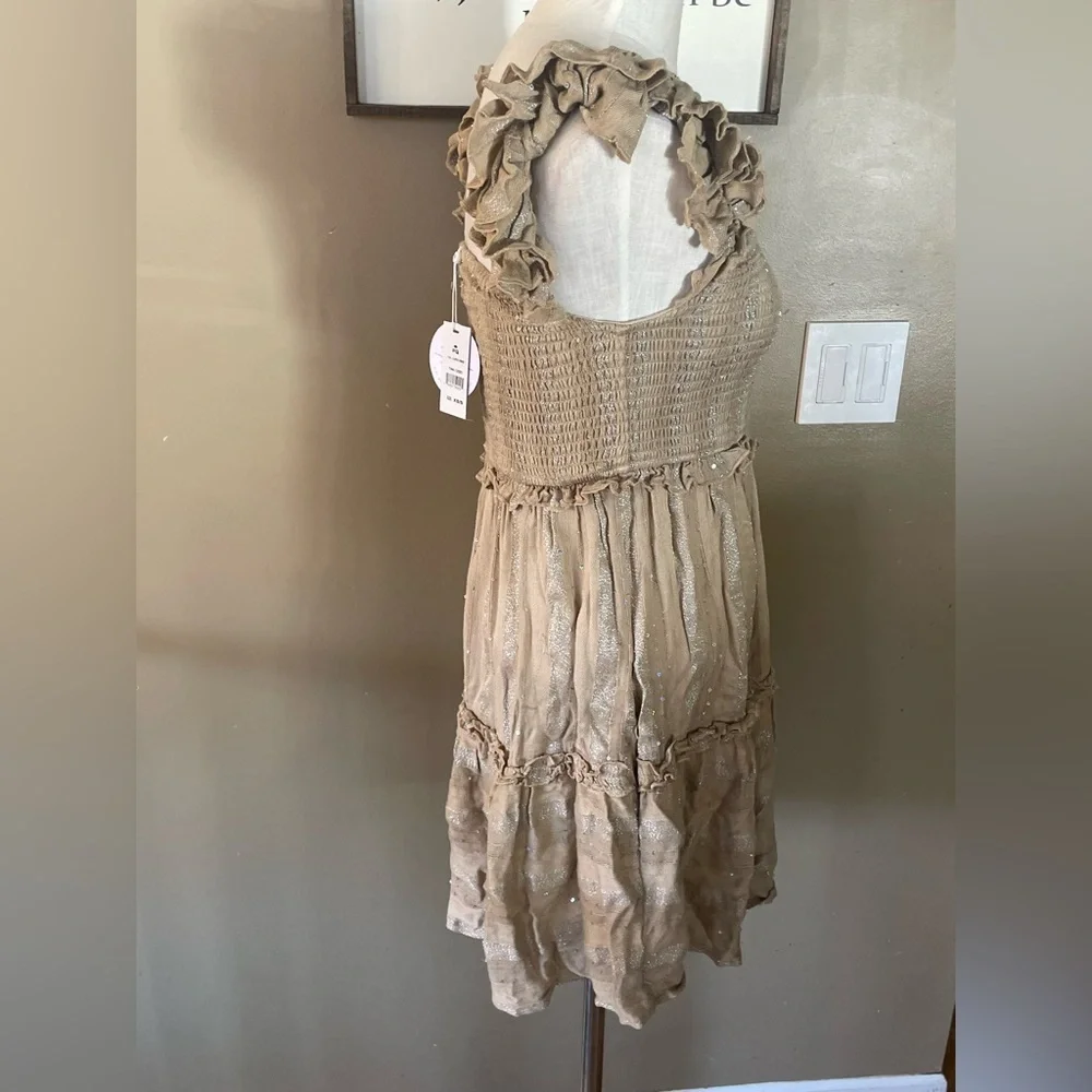 PQ Carrie dress sequence Ruffled Tan Smocked Dress NWT size XS/S anthropology